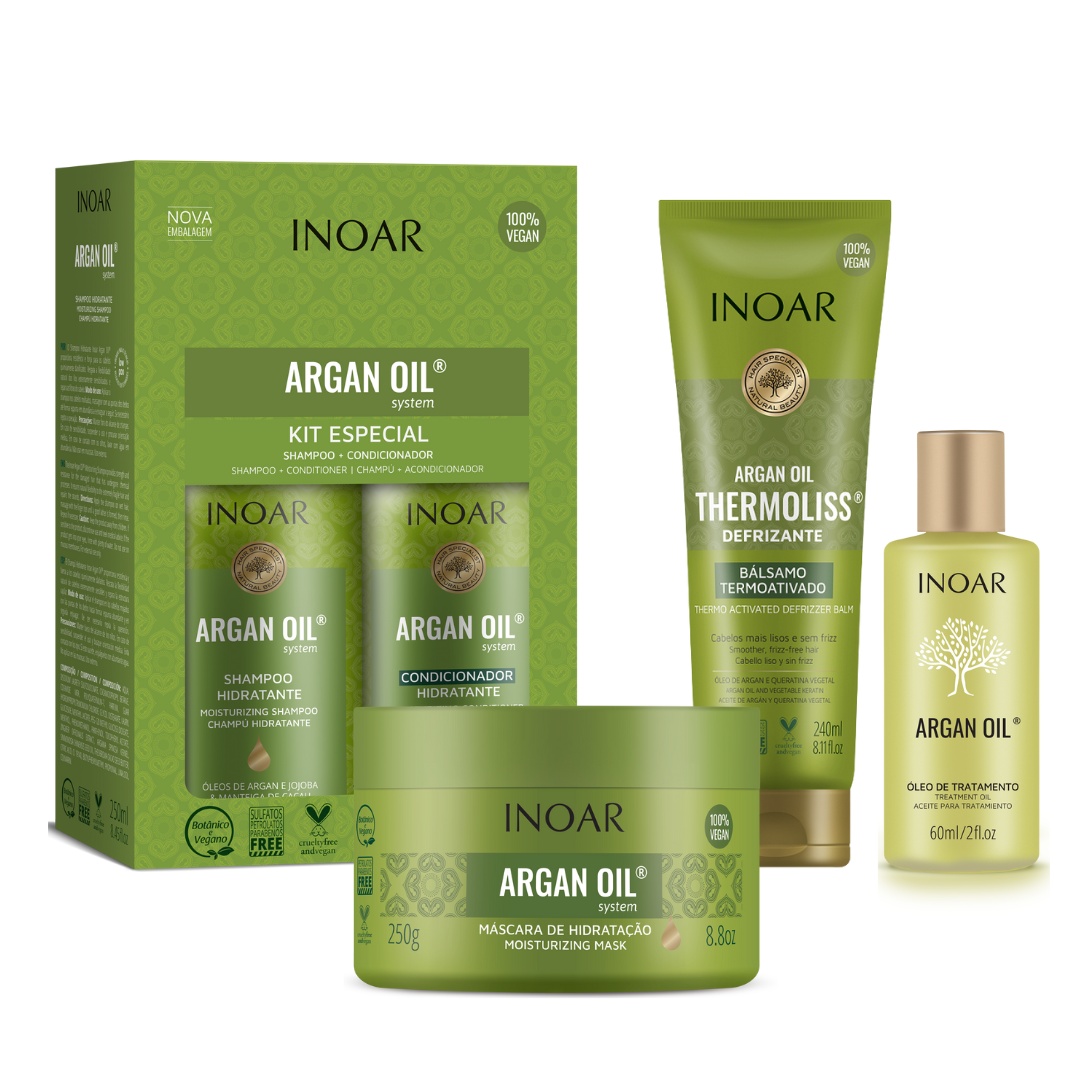 INOAR Argan Oil System – Shampoo, Conditioner, Mask, Defrizzing Hair Cream and Oil - Complete Hair Care Bundle