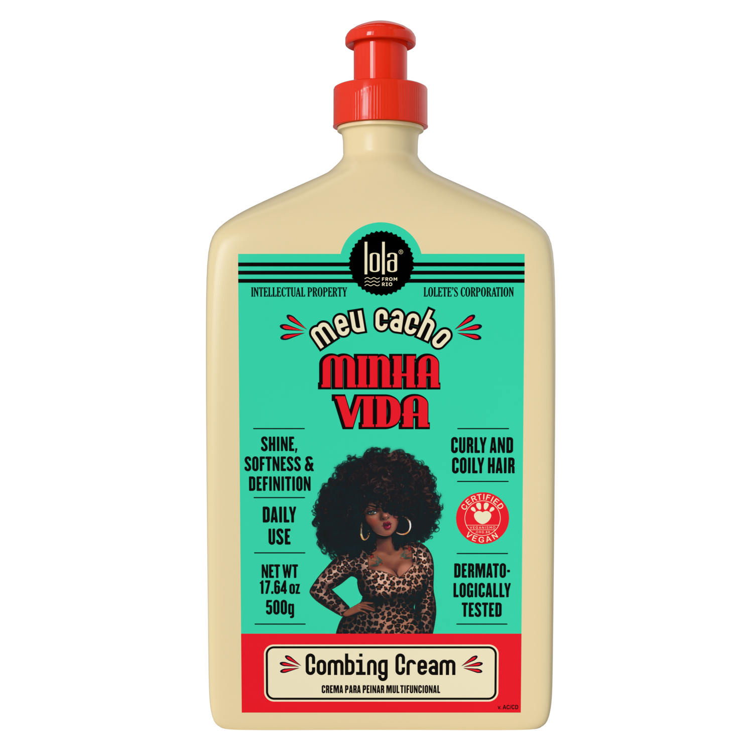 Bottle of LOLA My Curls My Life Combing Cream Hair Cream with a red cap, featuring an image of a woman with curly hair and the text 'afro', 'at home treatment', 'coily hair', and 'curly girl method approved'.